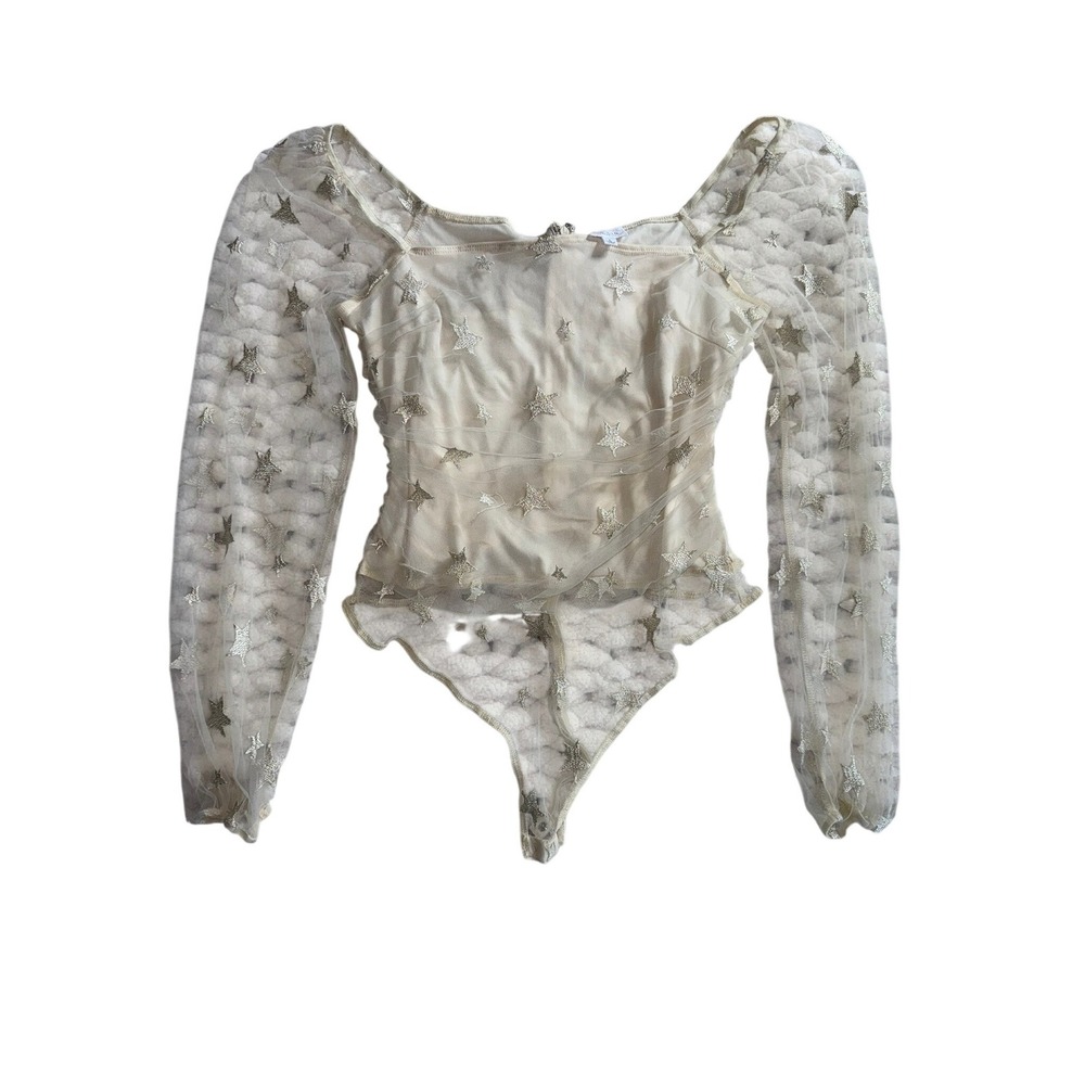 Lelis Cream Gold Star Sheer Mesh Puff Sleeve Bodysuit Celestial‎ Top
